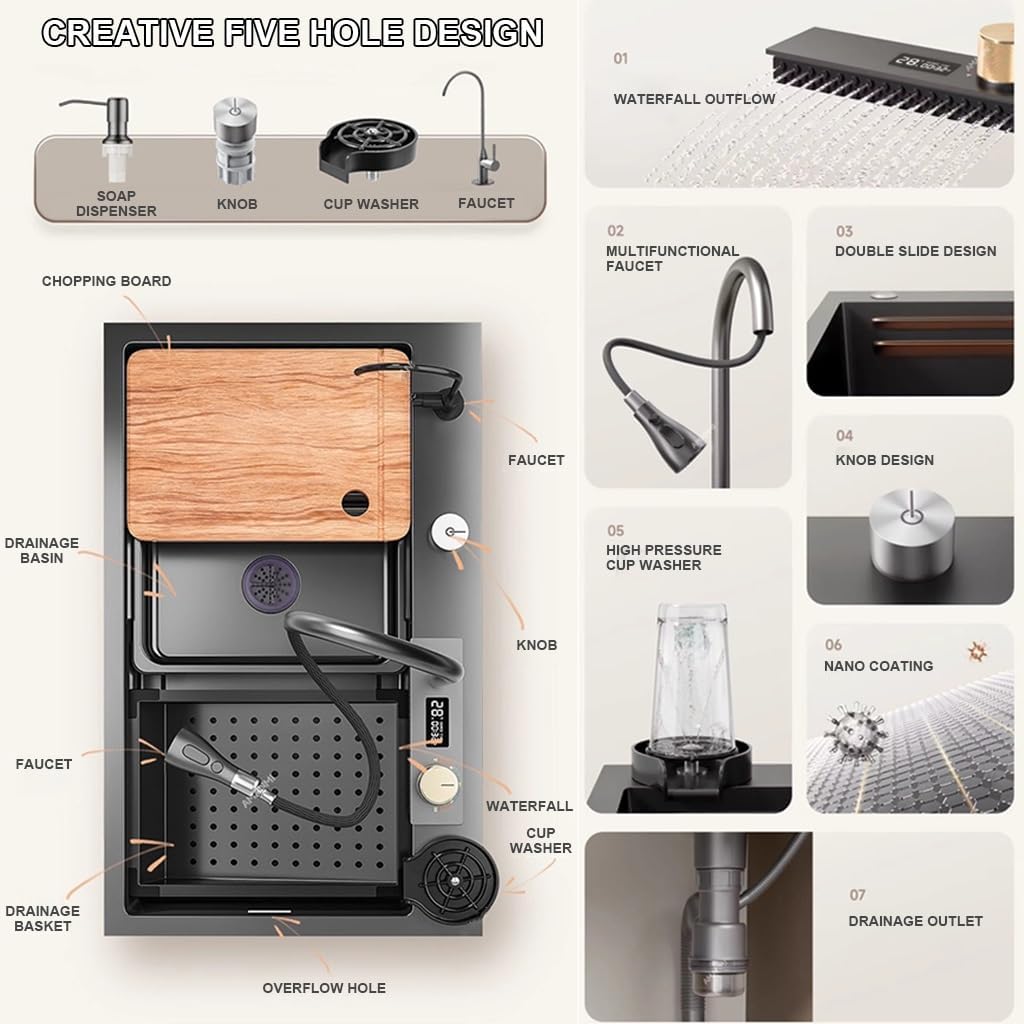 Generic Steel Kitchen Sink Waterfall Sink with Digital Display Pull-Down Faucet Multifunctional Bar Prep Sink with Cplete Accessory Set (Color : Black, Size : 80x45x22cm)