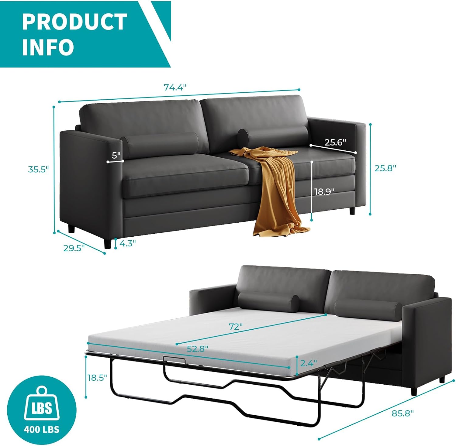 BALUS Full Size Pull Out Sofa Bed, 2-in-1 Convertible Sleeper Sofa Couch with Memory Foam Mattress, Modern Faux Leather Couch Bed with 2 Bolster Pillows for Living Room Office Apartment(Grey)