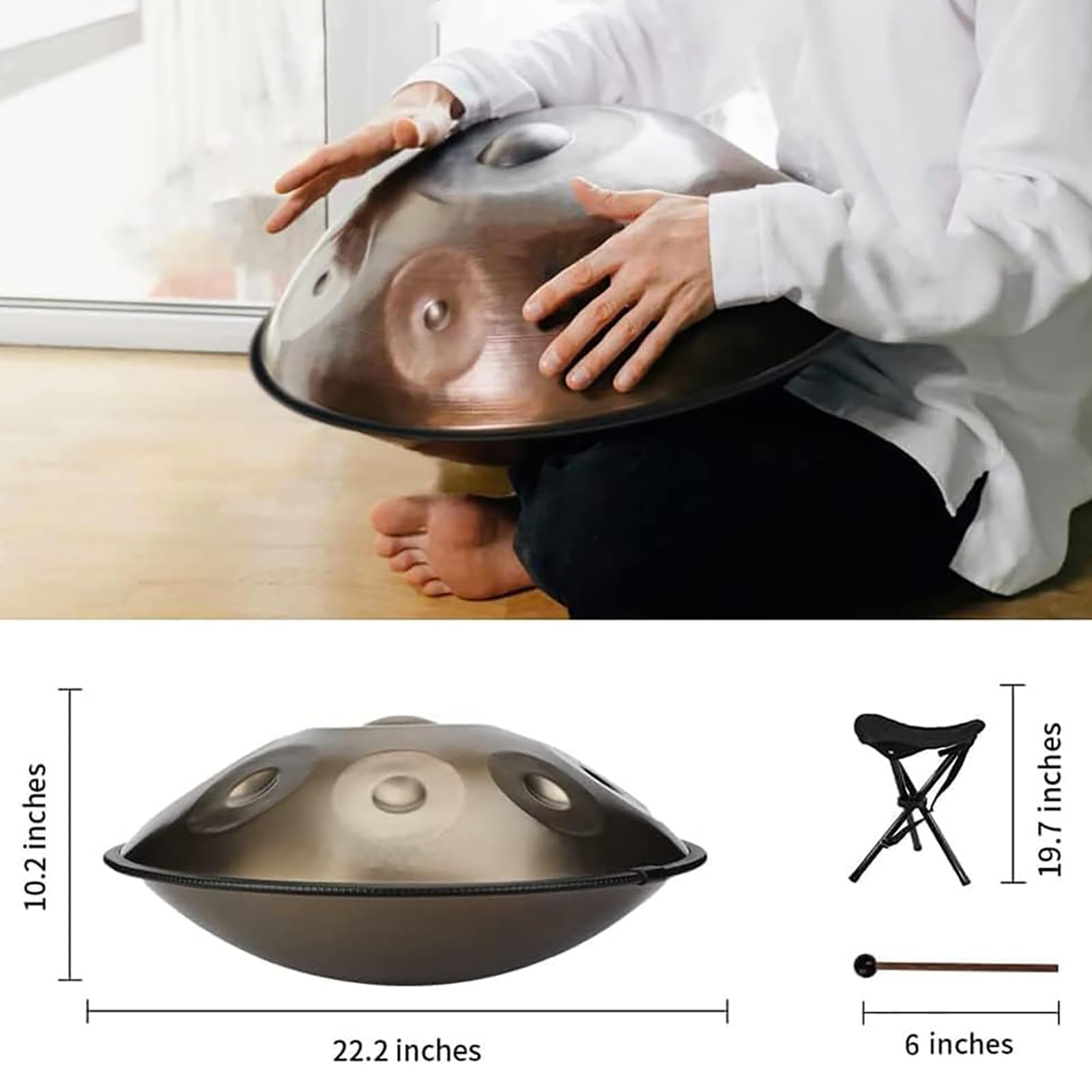 Bębny stalowe 22-calowe D Minor 9 Note 440 Hz, bęben ręczny, stalowy instrument, z miękką torbą na patelnię, 2 kije ręczne, stojak na patelnię i ściereczkę do kurzu