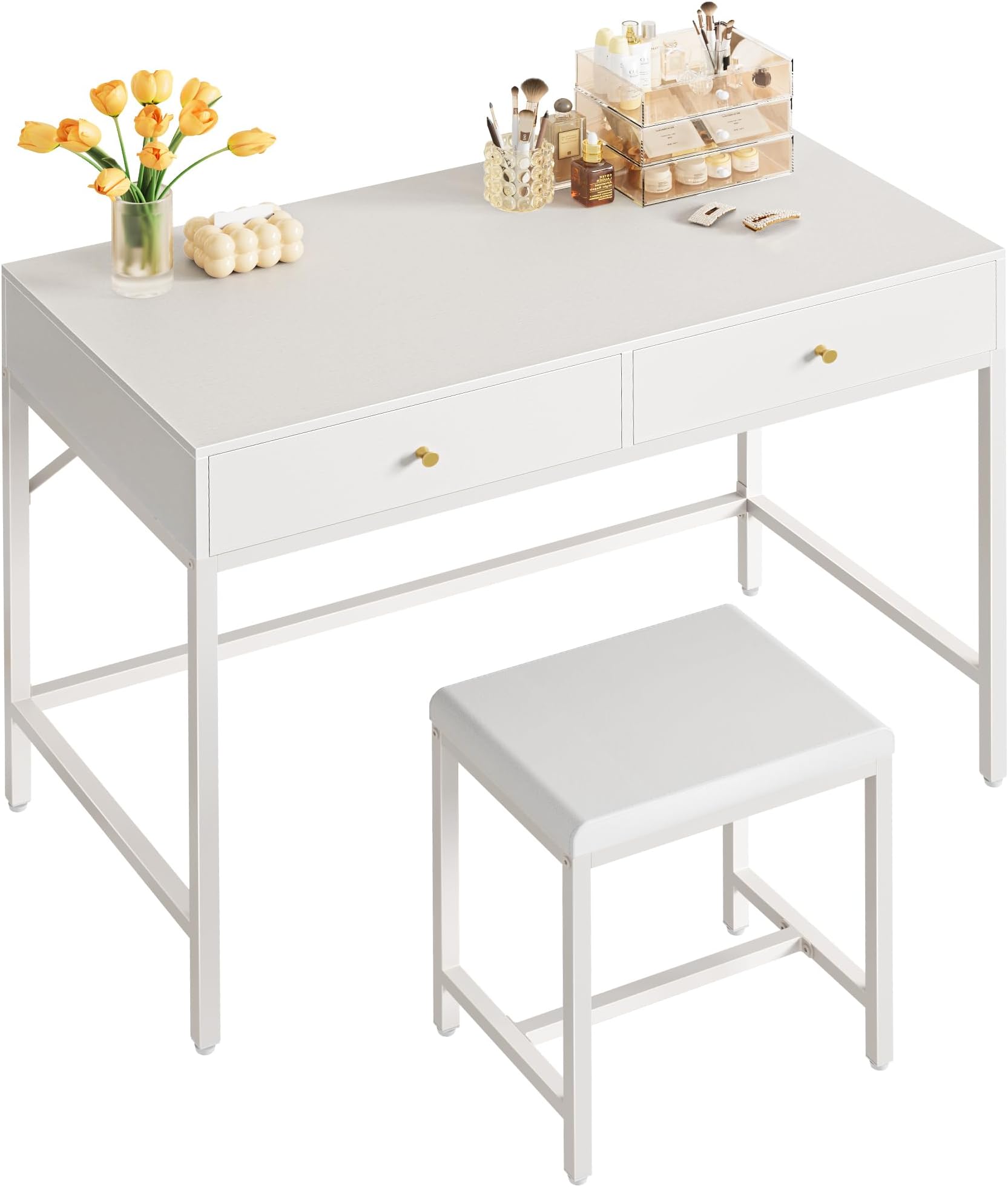 SUPERJARE 35.4" White Desk with 2 Drawers, Modern Makeup Vanity with Padded Stool, Small Computer Desk Home Office Desk for Writing Study Bedroom