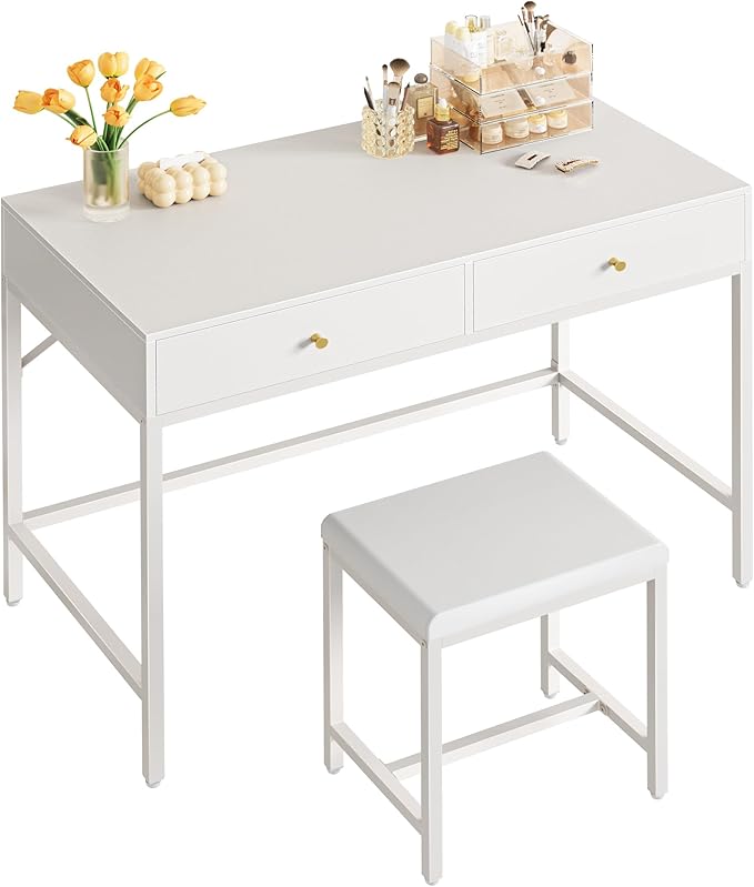 SUPERJARE 35.4" White Desk with 2 Drawers, Modern Makeup Vanity Desk with Padded Stool, Small Computer Desk Home Office Desk for Writing Study Bedroom