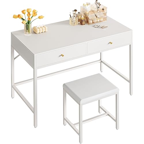 SUPERJARE 35.4" White Desk with 2 Drawers, Modern Makeup Vanity Desk with Padded Stool, Small Computer Desk Home Office Desk for Writing Study Bedroom