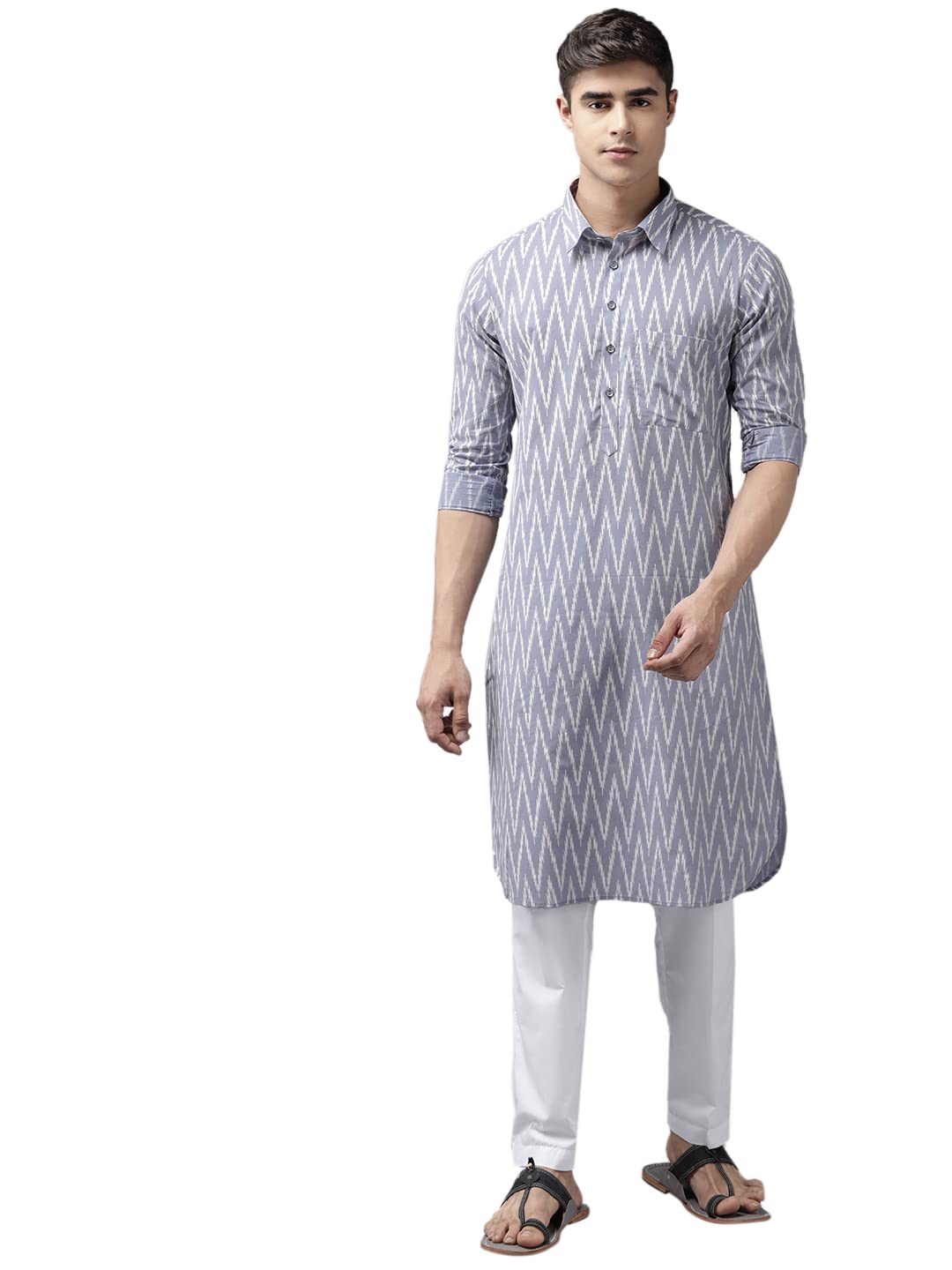 See DesignsMen's Light Grey Regular Pure Cotton Pathani Printed Men's Kurta