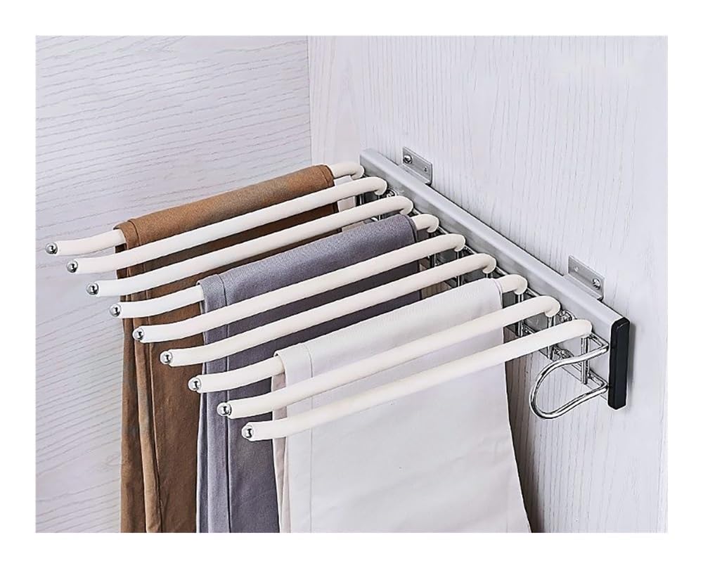 Pull Out Wardrobe Trousers Rack, 9 Arms Steel Pull Out Pants Rack Side Mounted Space Saving Trouser Hanger Rack Non-Slip Multi Functional(D right)