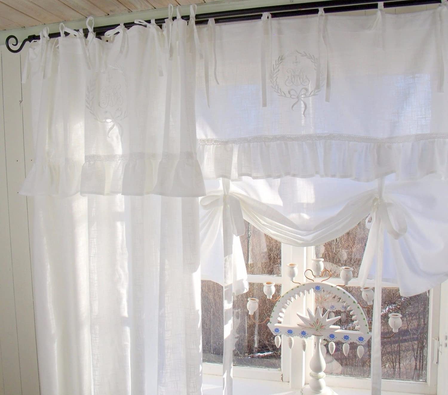 Raff Gardine Lara Weiß 100x120 cm Spitze Volant Bestickt Vintage Landhaus Shabby