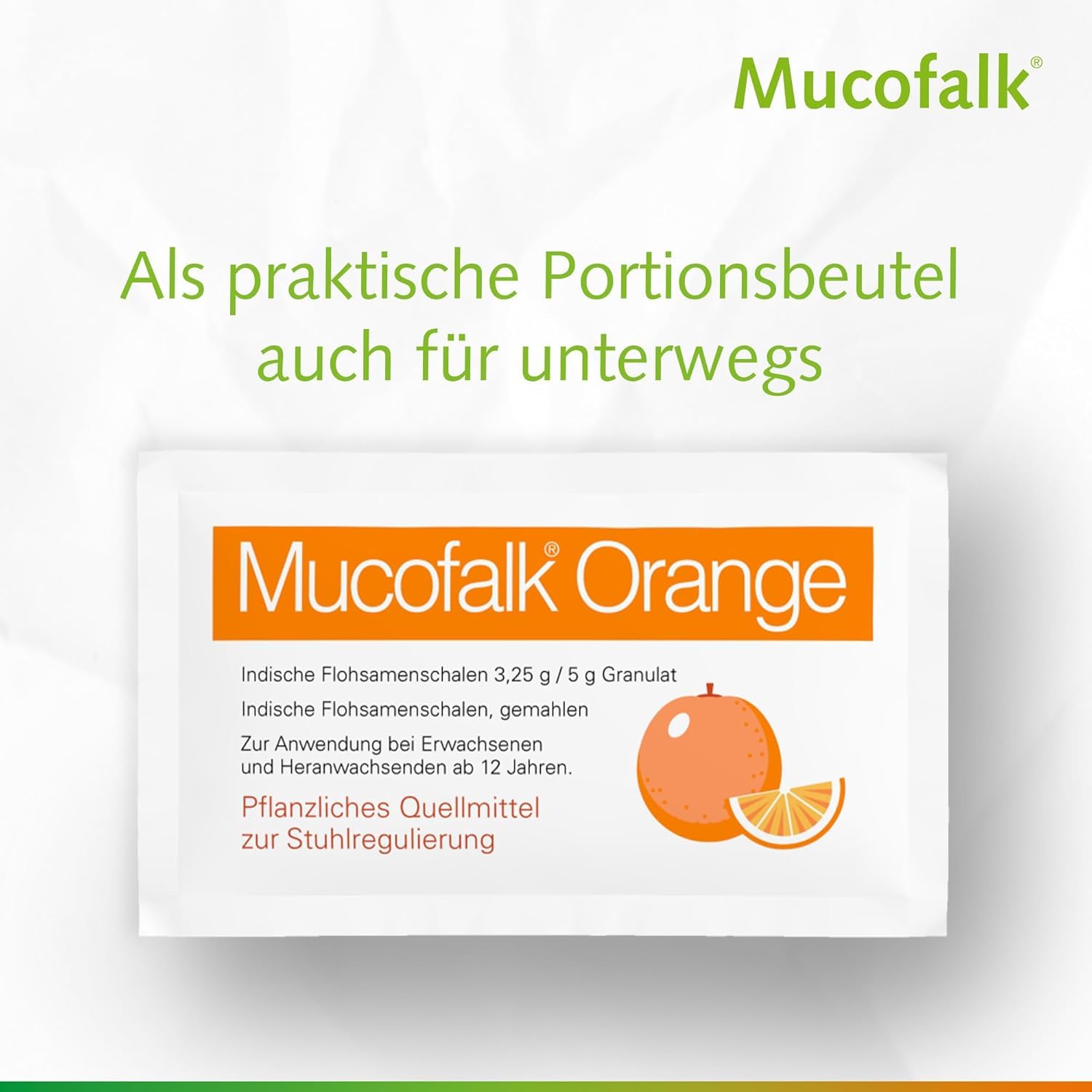 Mucofalk Orange, hochwertige Flohsamenschalen, Arzneimittel bei Darmbeschwerden wie z.B. chronischer Verstopfung oder unterstützend bei Durchfall, praktische Portionsbeutel, Orangengeschmack, 100 St