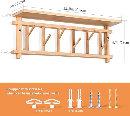 Miniatura 6 de Perchero montado en la pared con ganchos de estante para colgar abrigos con estante de entrada, estantes colgantes con 6 ganchos giratorios para