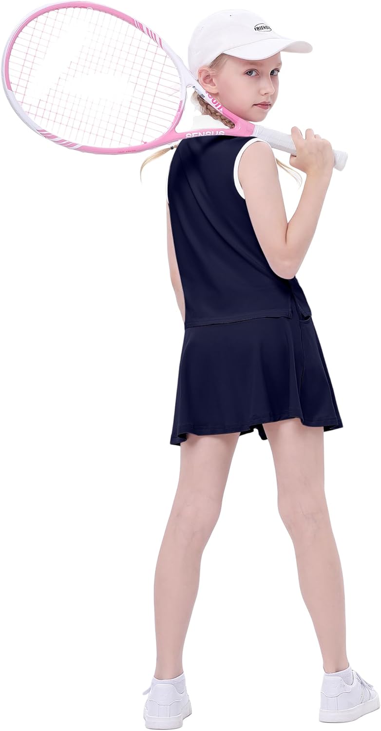 Kids Girls Tennis Golf Dress Outfit Sleeveless Dress with Pockets Athletic Skorts and Polo Tank Top Sets - Image 5