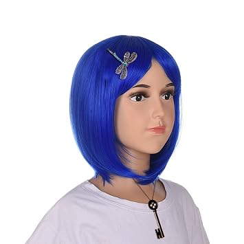 Coraline Short Straight Blue Women Bob Full Bang Kids Wig with Dragonfly Hairpin + Black Key Pendant Necklace (S2)