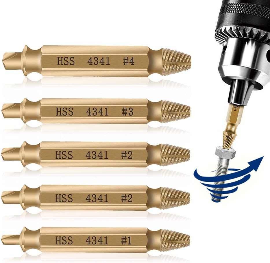 Damaged Screw Extractor and Remove Set, Easily Remove Stripped or Damaged Screws. Made from H.S.S. 4341#, The Hardness is 62-63hrc, Set of 5 Stripped Screw Removers