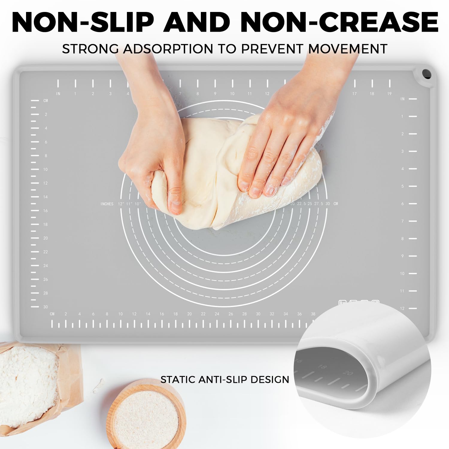 Silikon-Backmatte, 81,3 x 61 cm, extra dicke Teigrollmatte mit Messungen und Kantenerhöhung, antihaftbeschichtet, lebensmittelechtes Silikon, Gebäckmatte für Gebäck, Brot, Kekse, Pizza, Fondant,