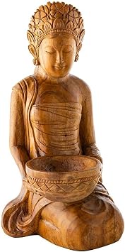 ViavTerra Artisan Carved Wood Lakshmi Statue, 9.5" L x 8.5" W x 16.75" H, Meditation Room Decor, Unique Wood Lakshmi Goddess Statue