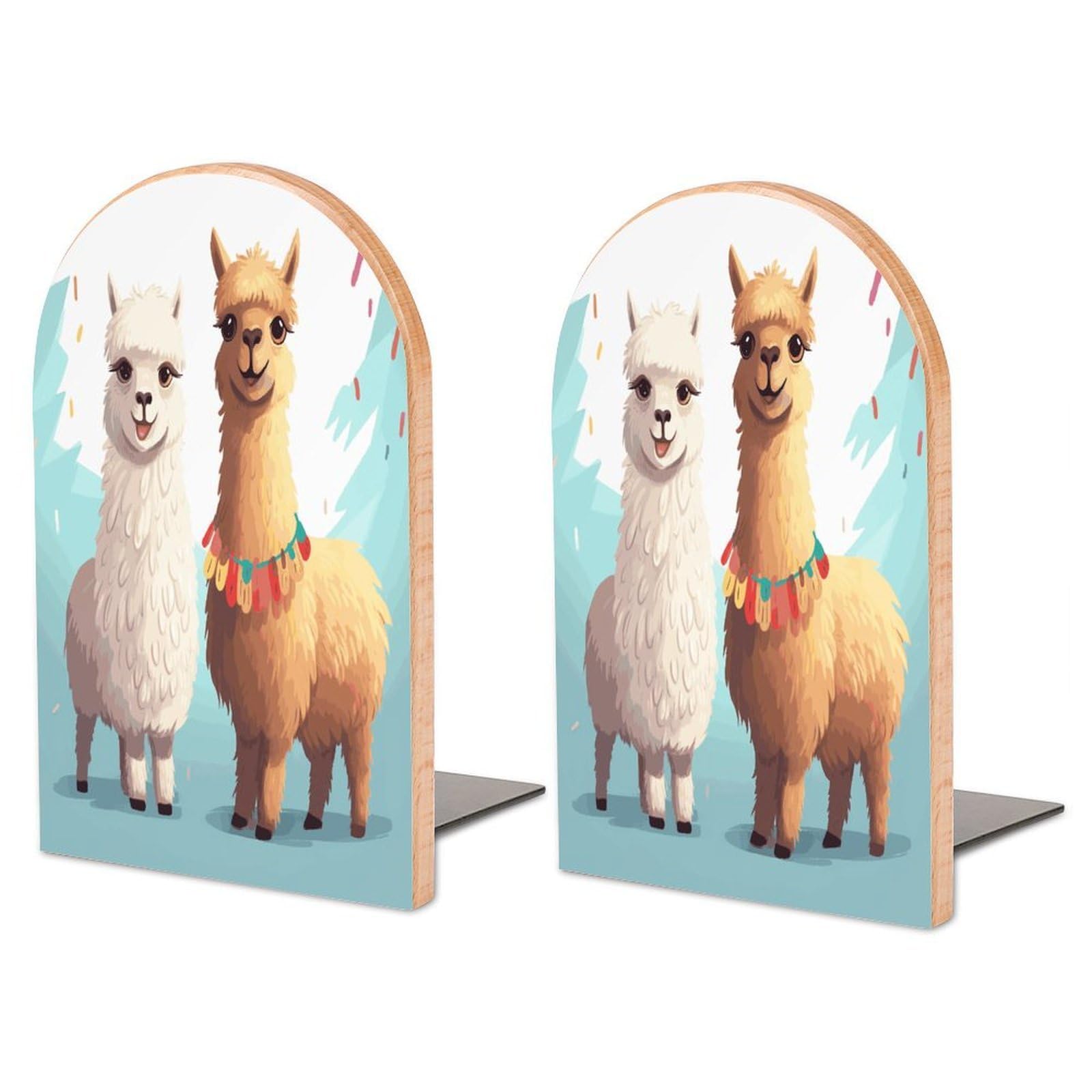 Non-Slip Bookend for Shelves Llama Alpaca Wooden Bookends with Metal Base Decorative Book Stopper for Home Heavy Duty Wood Book Storage for Books/CDs