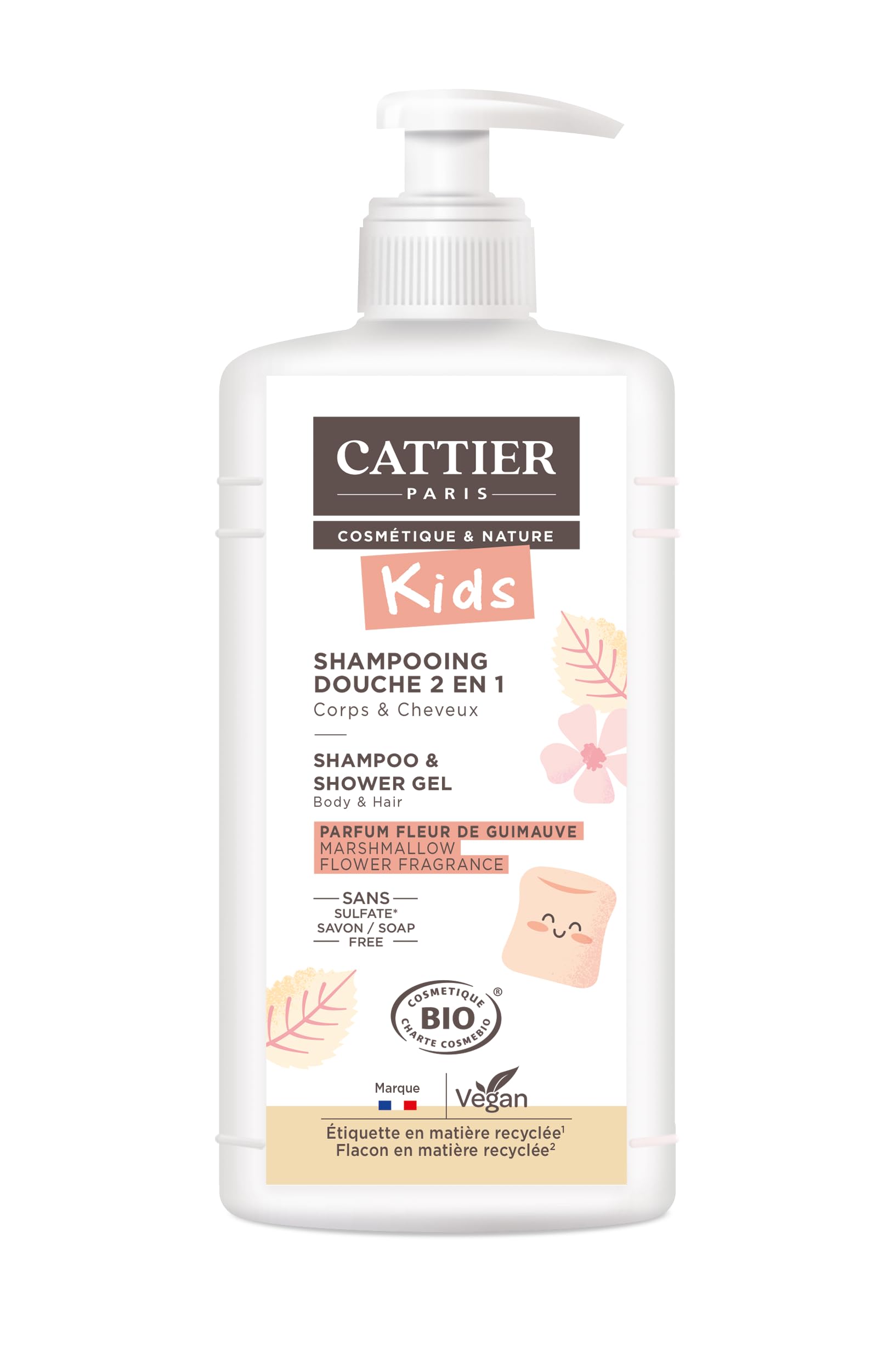 Cattier Kids - Shampoo doccia 2 in 1, profumo di fiori di marshmallow biologico, 500 ml