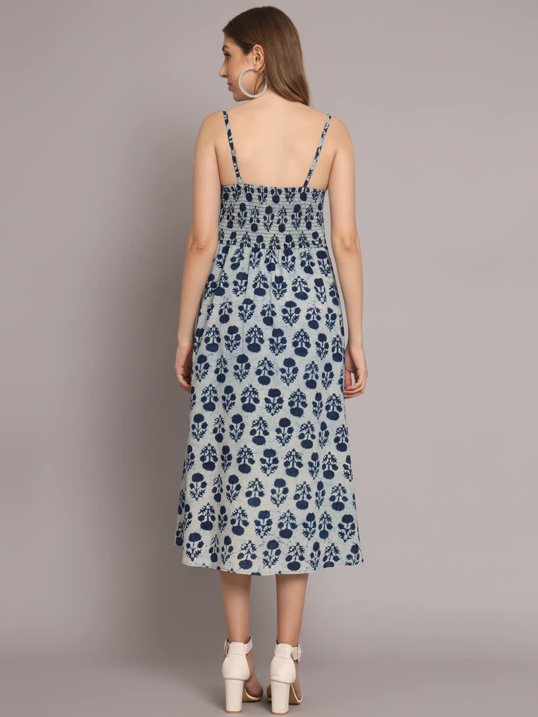 Peppyzone Women's Handblock Printed Sleeveless Shoulder Strip Cami Dress (S, Indigo)