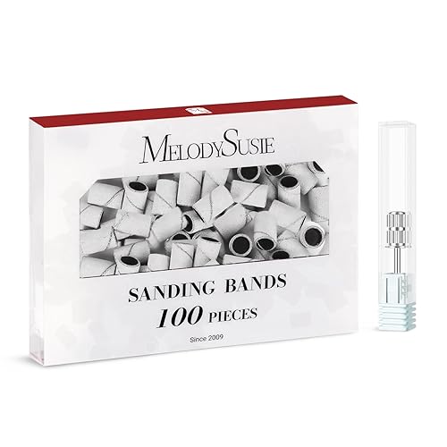 Miniatura 29 de MelodySusie 100 unidades de brocas de uñas, bandas de lijado para taladro de uñas, 120 bandas de lijado de lima de uñas de grano medio para uñas