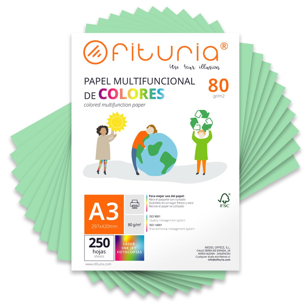 Coloured Sheets, Pack 250 Sheets A3 80 g – Coloured Paper for Crafts, Printer, Scrapbooking – Folios Colours – Ideal Origami, Papiroflexia, Office and School (Light Green, 250h)