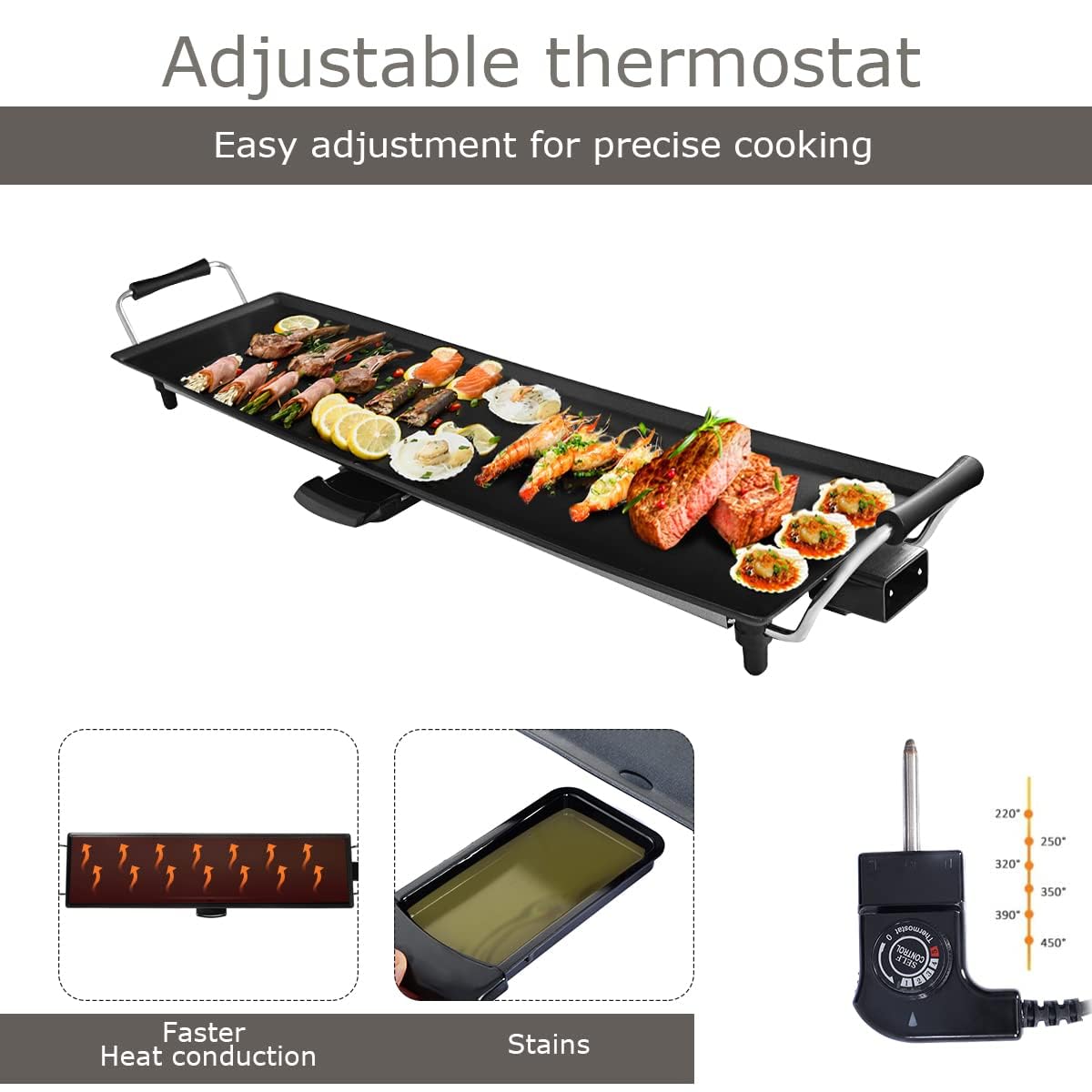 KOMFOTTEU Piastra Teppanyaki 1800W, Griglia Barbecue Elettrica, Rivestimento Antiaderente, Teppanyaki Grill da Tavolo per 8 Persone con 6 Spatole e 2 Anelli, Temperatura Regolabile, 90 x 23 cm, Nero