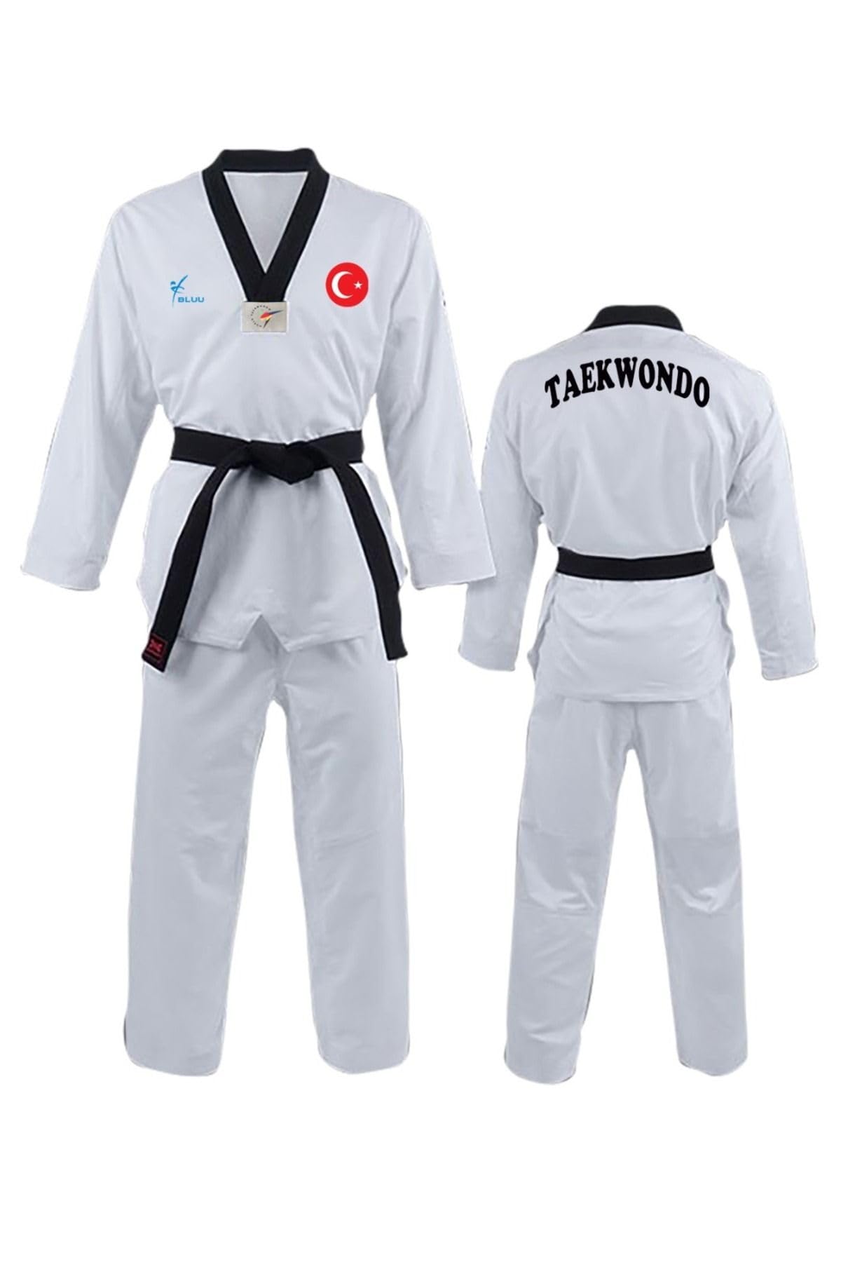 Bluu Ay Yıldız Baskılı Siyah Yaka Taekwondo Elbisesi Dobok Tekvando Elbisesi (Beyaz, 160)