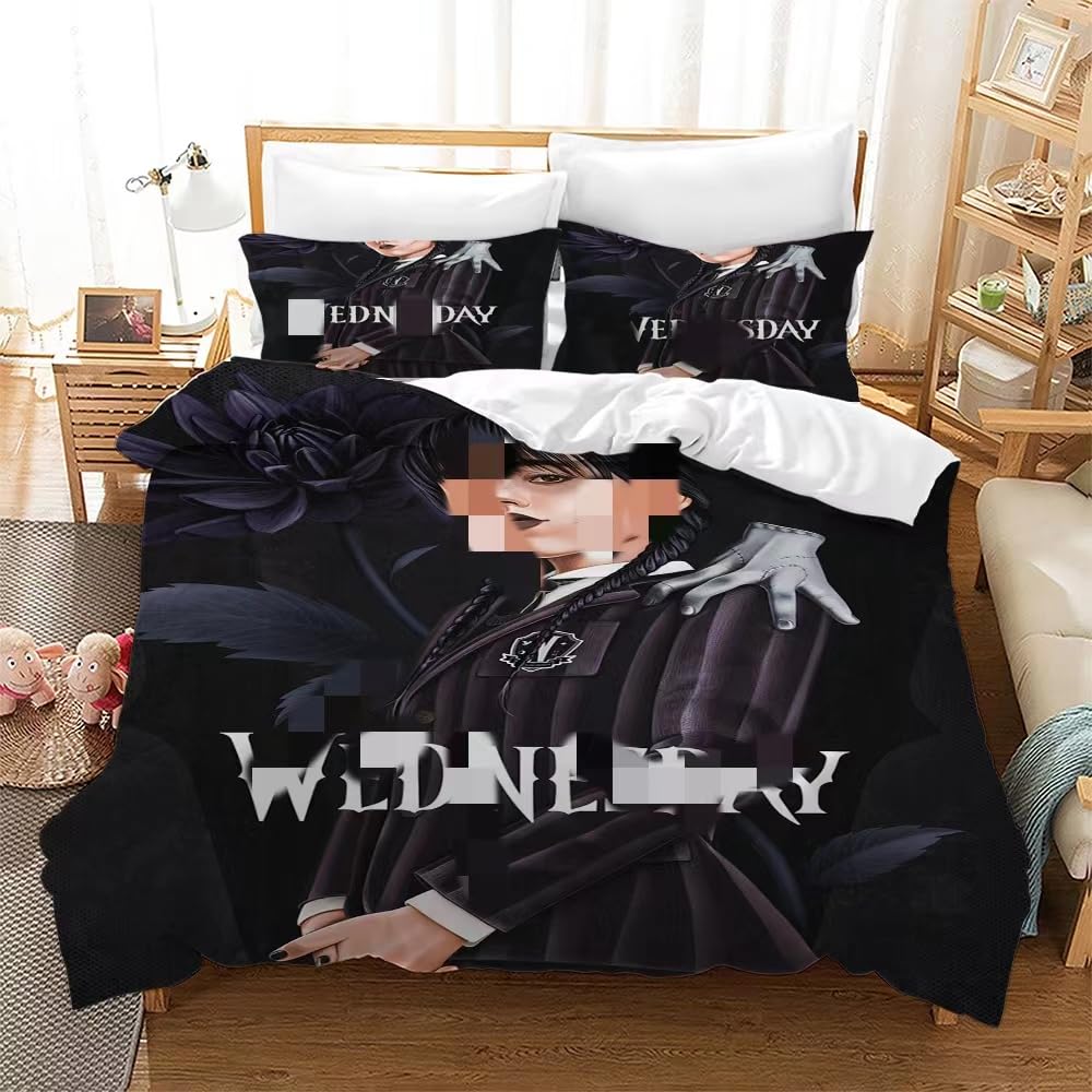 Wedneday Bedding Set Queen Size,Wedneday Addams Duvet Cover for Boys Girls Teens,Soft Comfortable Breathable Microfiber Kid's 3 Pcs with Zipper Closure Corner Ties