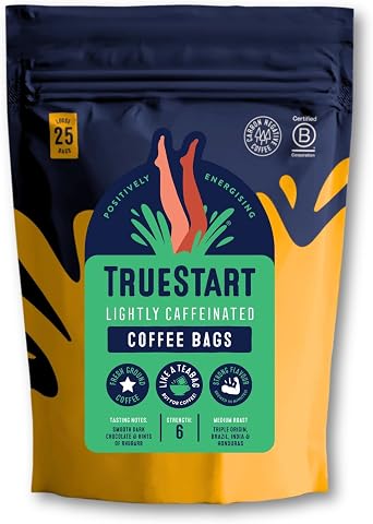 TrueStart Coffee Bags - Lightly Caffeinated, Quick Steep, Individually Wrapped, Medium Roast 100% Arabica - Mycotoxin-Free & Antioxidant Rich Half Caf Coffee - 1 Pack Resealable Pouch, 25 Loose Bags