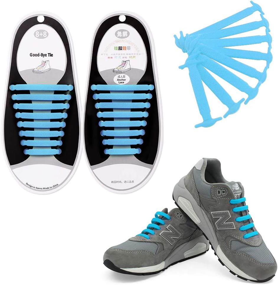 Kids/Adults Multicolor Tieless Elastic Silicone No Tie Shoelaces Waterproof Rubber Flat Running Shoe Laces for Sneakers Board Shoes Casual Shoes and Boots Adult Sky Blue, Adult Size