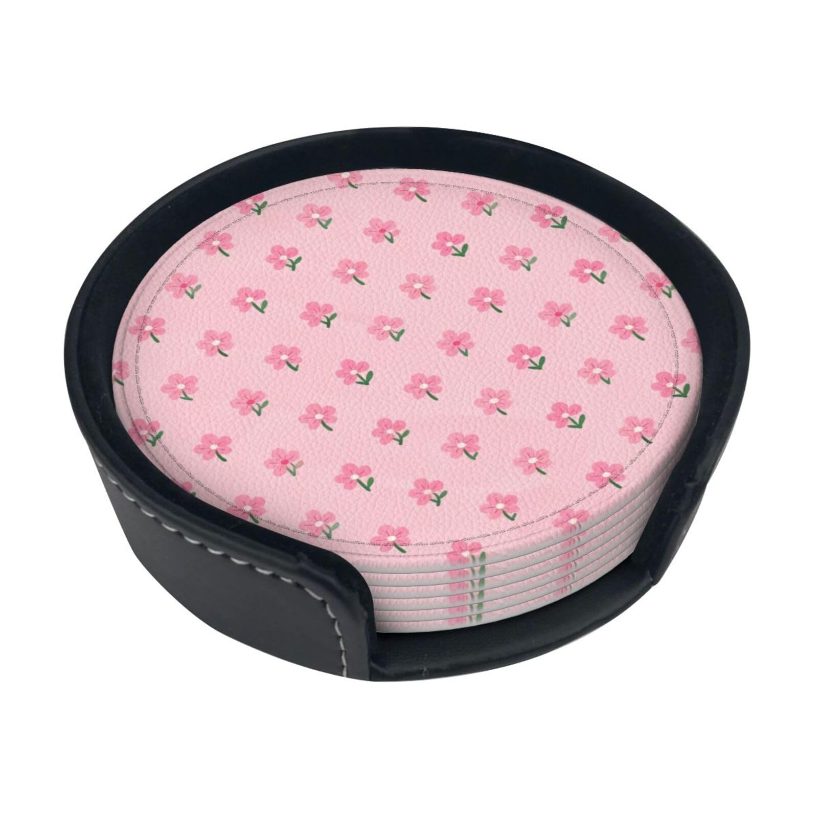 Cntdbu White Floral Leather Coasters Set Of 6-Pu Leather Drink Mats For Table, Heat Resistant Round Coasters With Holder