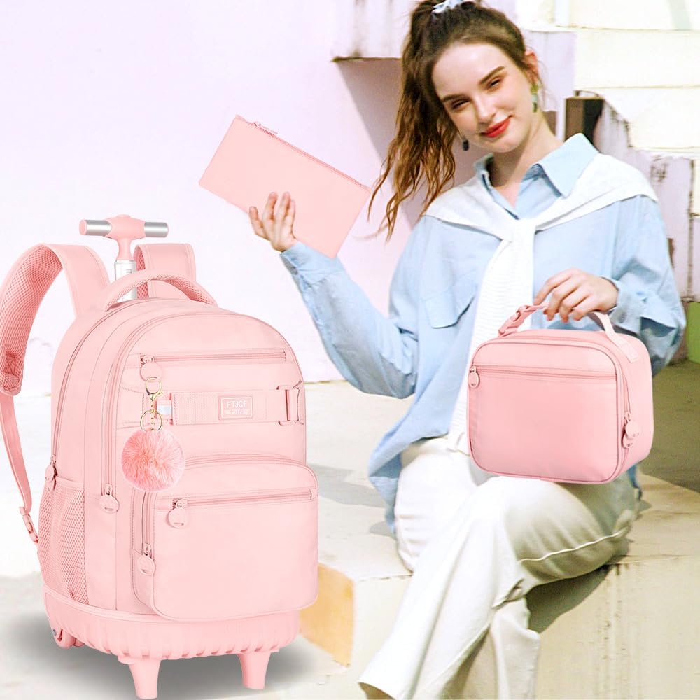 3Pcs Rolling Backpack for Girls Women, 19 Inche School Roller Backpacks with Wheels, Adults Wheeled Bookbag with Lunch Box(Pink)