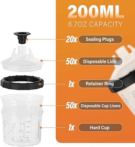 Miniatura 2 de ROADGIVE Vasos desechables para pistola de pintura (6.7 onzas), kit de taza de pintura en aerosol con 50 revestimientos de tazas, 50 tapas, 20
