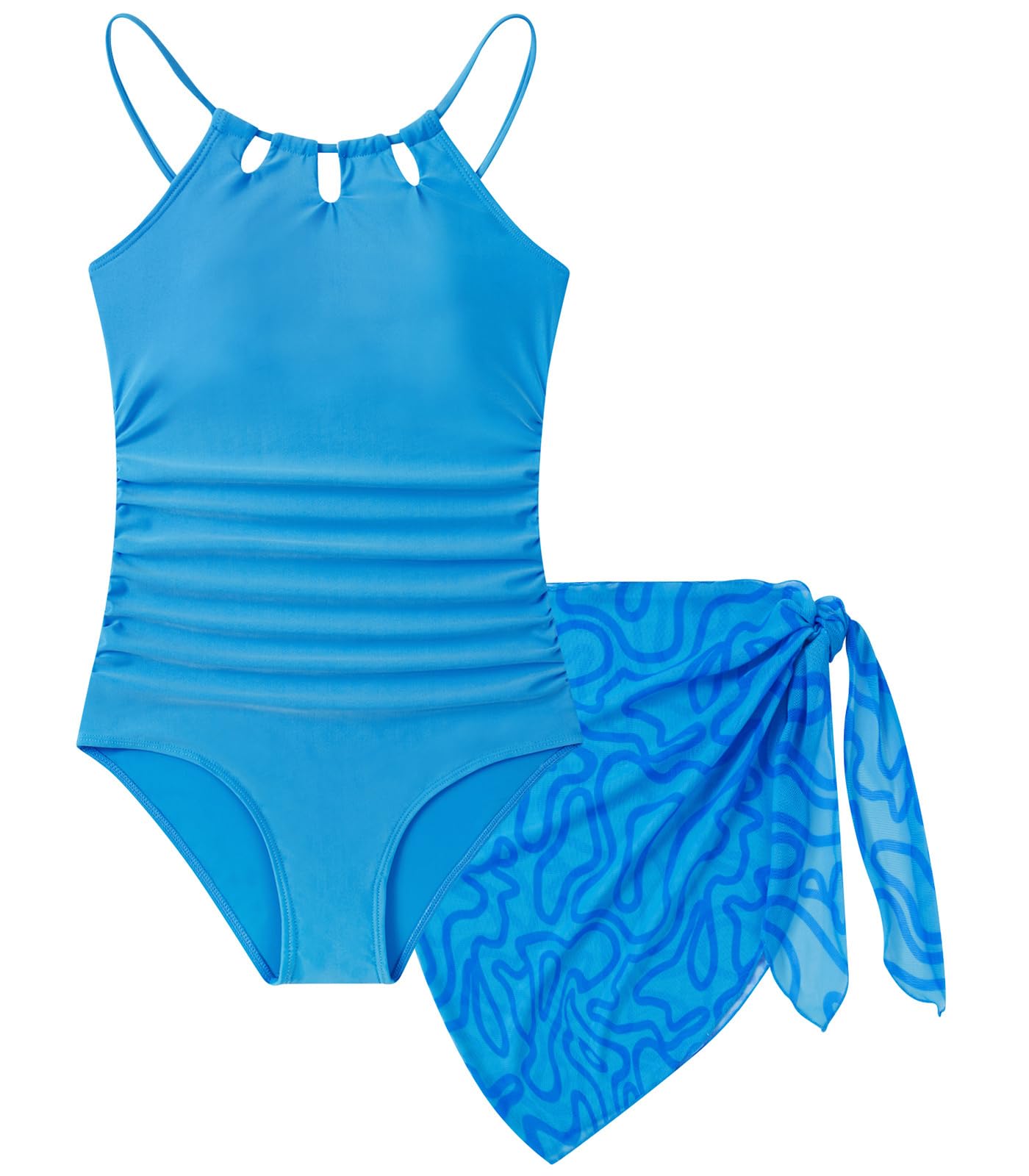 Girls One-Piece Swimsuit Bathing Suit with Cover Ups Size 7-16 | Adjustable spaghetti straps,Cut-out design, Removable chest pads, Swimwear for the beach, swimming pool, Hawaiian vacation
