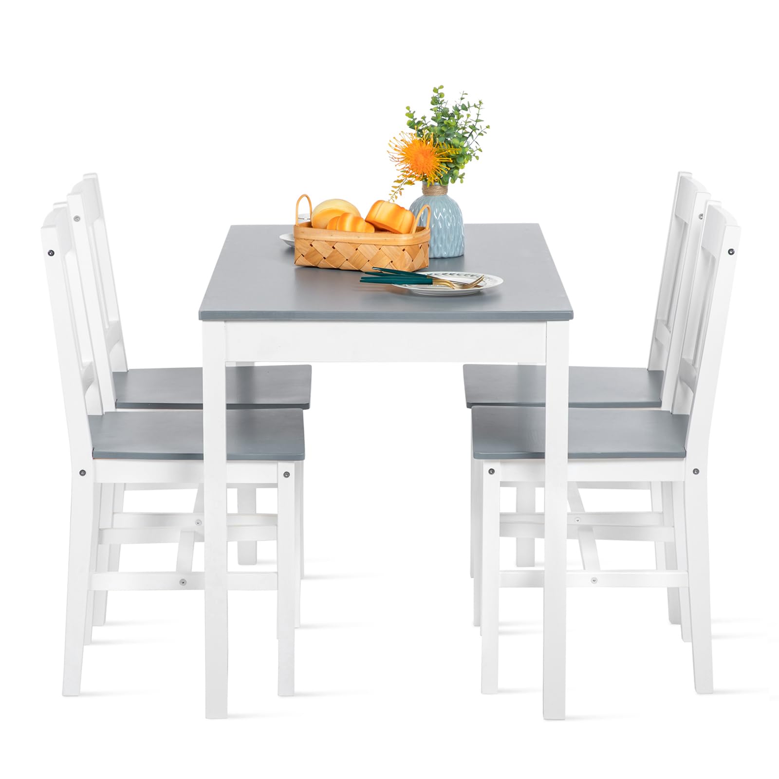 Ensemble Table et 4 Chaises, Table de Salle à Manger Massif Pin Bois et 4 Chaises pour Cuisine Salon Maison, Gris et Blanc AAAA01