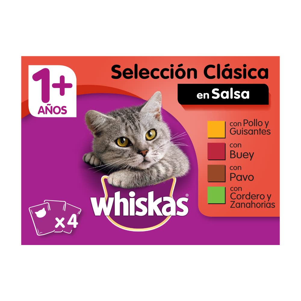 Whiskas Comida Húmeda para Gatos Selección Carnes en Salsa, Multipack (Pack de 13 x 4 bolsitas x 100g)