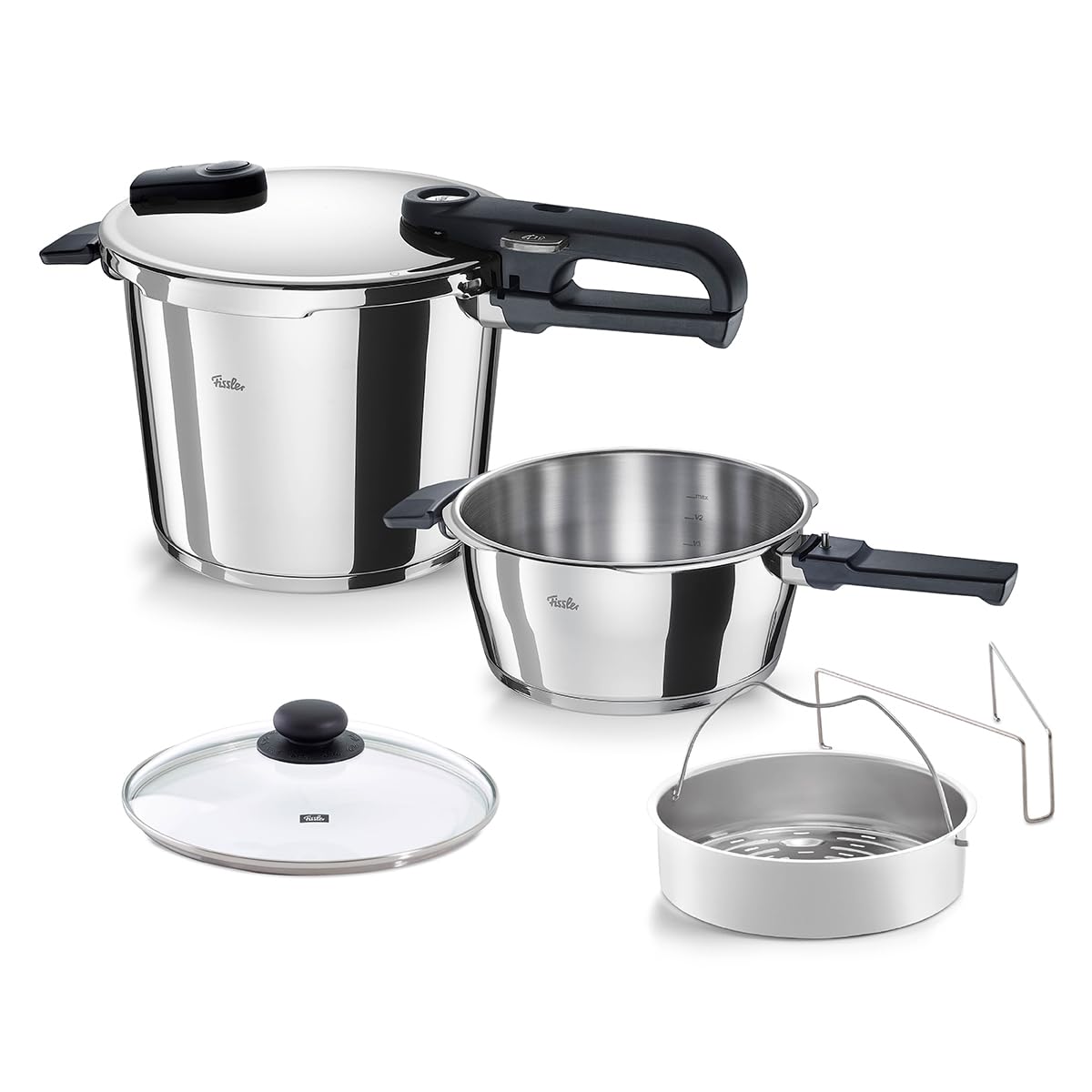 Fissler Vitaquick Edition: Schnellkochtopf-Set 6-teilig (Ø22 cm, 3,5 L & 6 L) inkl. Metall- und Glasdeckel, Einsatz, Induktion