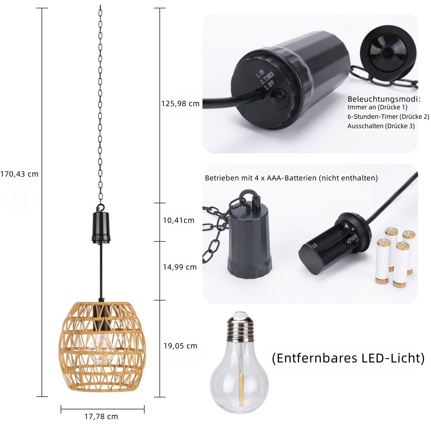 Outdoor HäNgelampe Mit Batterie, Ip44 Waterproof Akku Pendelleuchte, 6 Hour Timer, HäNgeleuchte Akku For Patio, Bar, Garden, Patio, Living Room, Bedroom Boho Deko