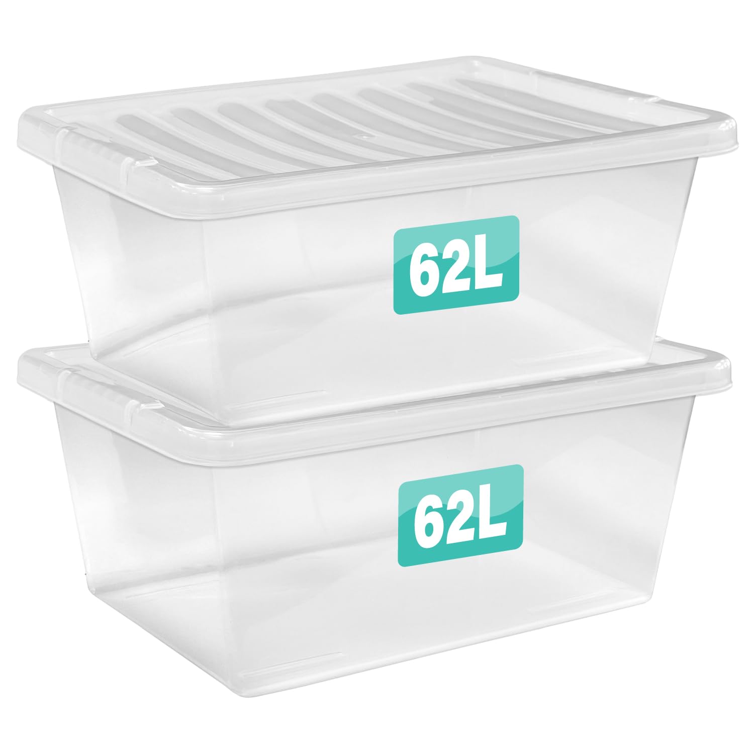 Optimal Products Clear 2 X 62 Litre Plastic Storage Boxes With Lids Set Of 2, Transparent Multipurpose Nestable Stackable Plastic Box With Lid Containers For Home, Kitchen, Garage, Office, Accessories