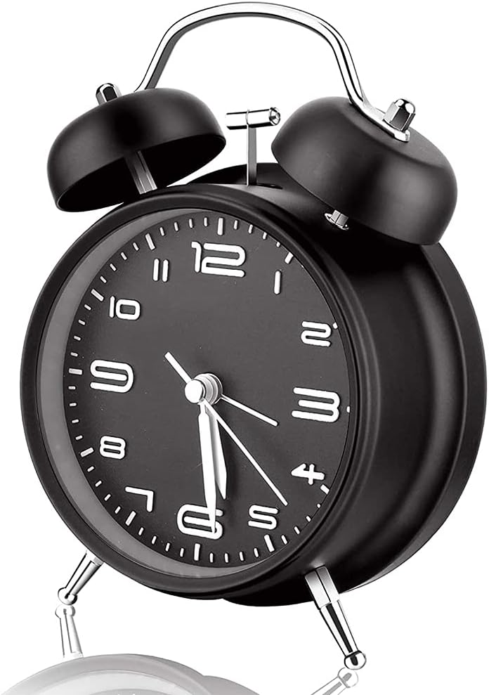 10cm Twin Bell Alarm Clock with Stereoscopic Dial, Backlight, Battery Operated Loud Alarm Clock (Black)
