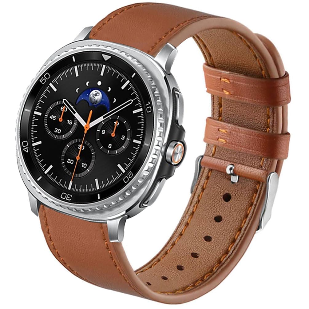 Compatible for Samsung Galaxy Watch 8 40mm 44mm/Watch 8 Classic Bands Leather, Women Men Genuine Leather Sport Replacement Strap Adjustable Wristbands Band for Galaxy Watch 8/8 Classic Brown