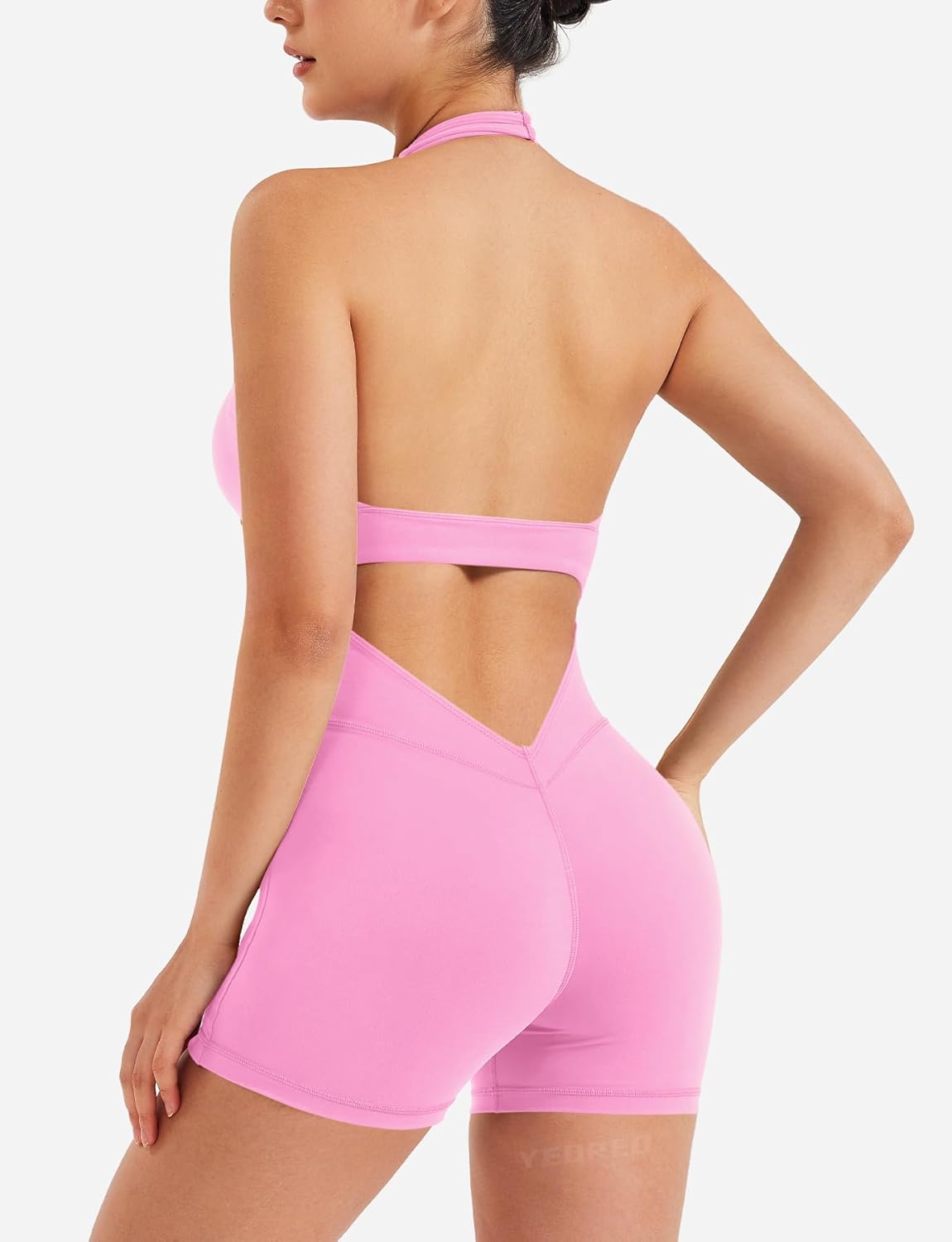 YEOREO Women Halter Workout Jumpsuits One Piece Backless Bodycon Bodysuits Hidden Scrunch V Back Yoga Joceline Short Romper - Image 2