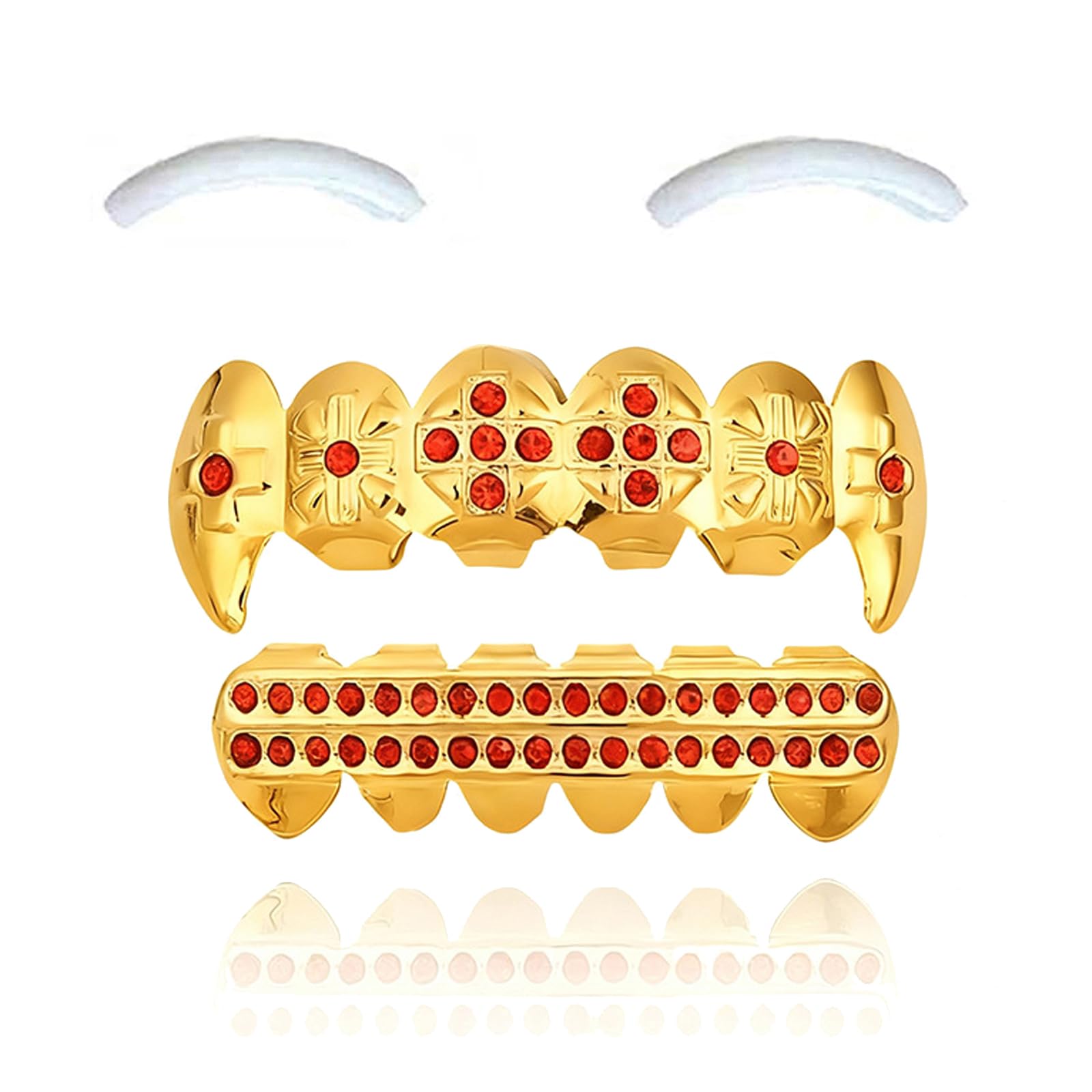SSyang 18K Hip Hop Teeth, Grills for Mouth Braces Decoration, with Silicone Moldings Hip Hop Teeth, Grills for Mouth Top Bottom Music Festival Party Rapper Decorations(Gold+Red Diamond) — image 1