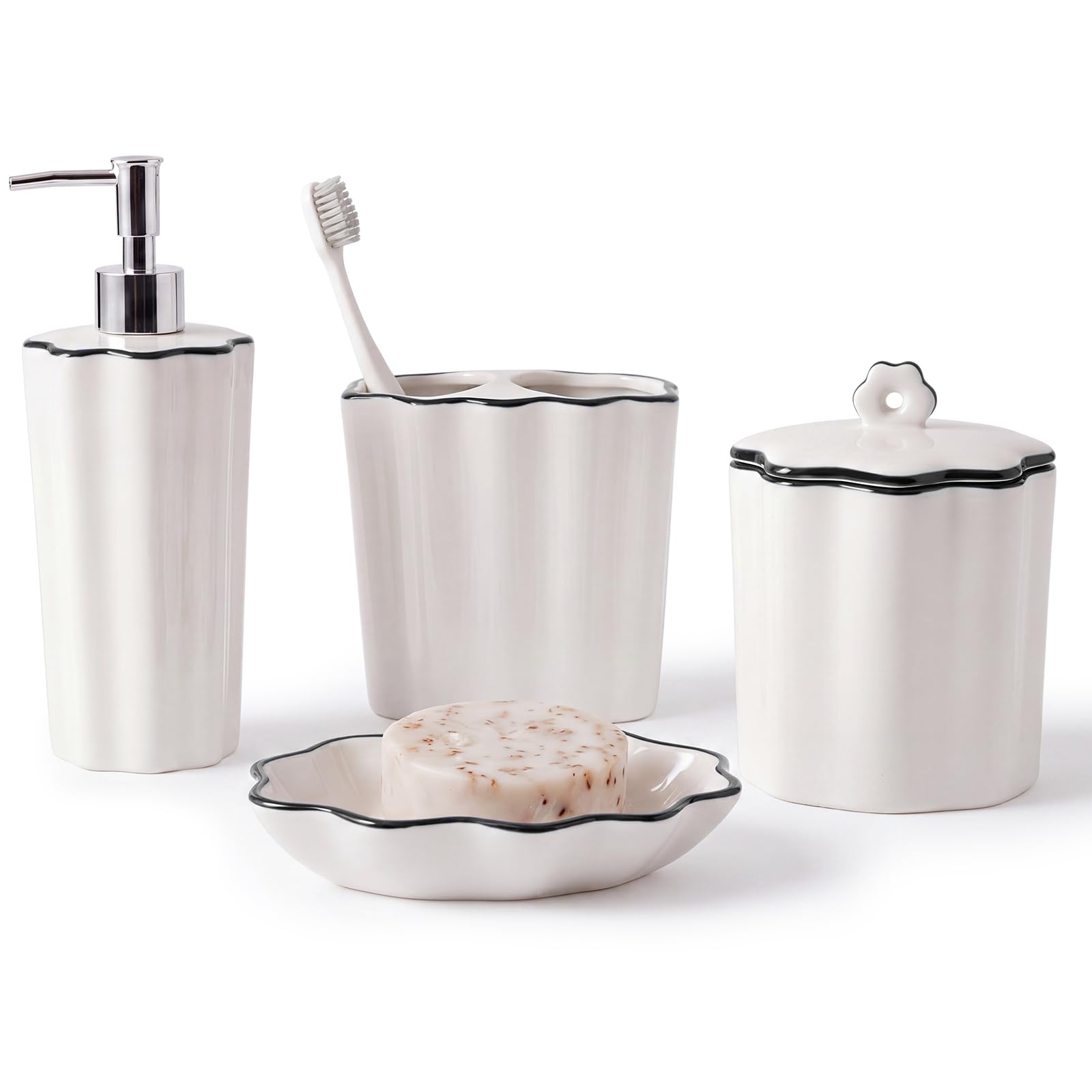 Zhehao 4-teiliges Badezimmer-Zubehör-Set aus Keramik, mit Zahnbürstenhalter, Seifenspender, Seifenschale, Wattestäbchen, Badezimmer, Arbeitsplatten-Organizer (schwarz)