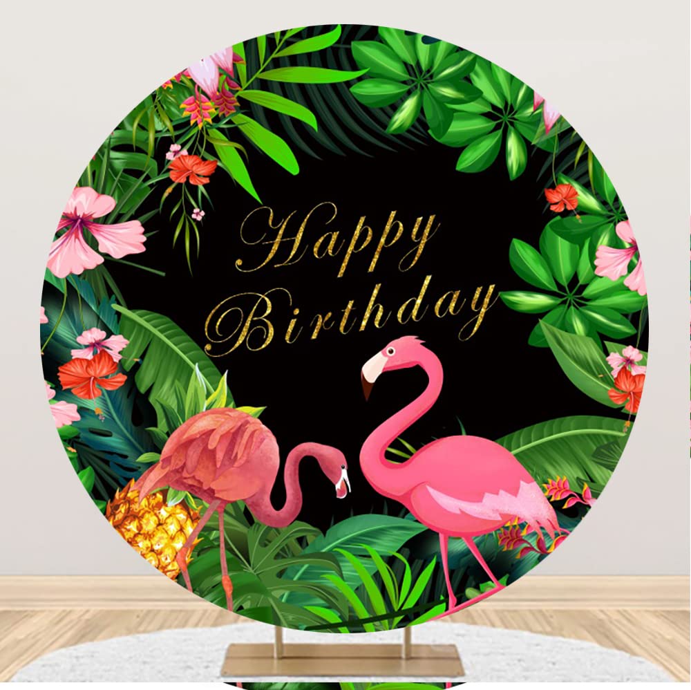 Laeacco 6.5x6.5ft Summer Flamingo Birthday Round Backdrop Cover Tropical Green Palm Leaves Pineapple Flowers Glitter Happy Birthday Circle Background