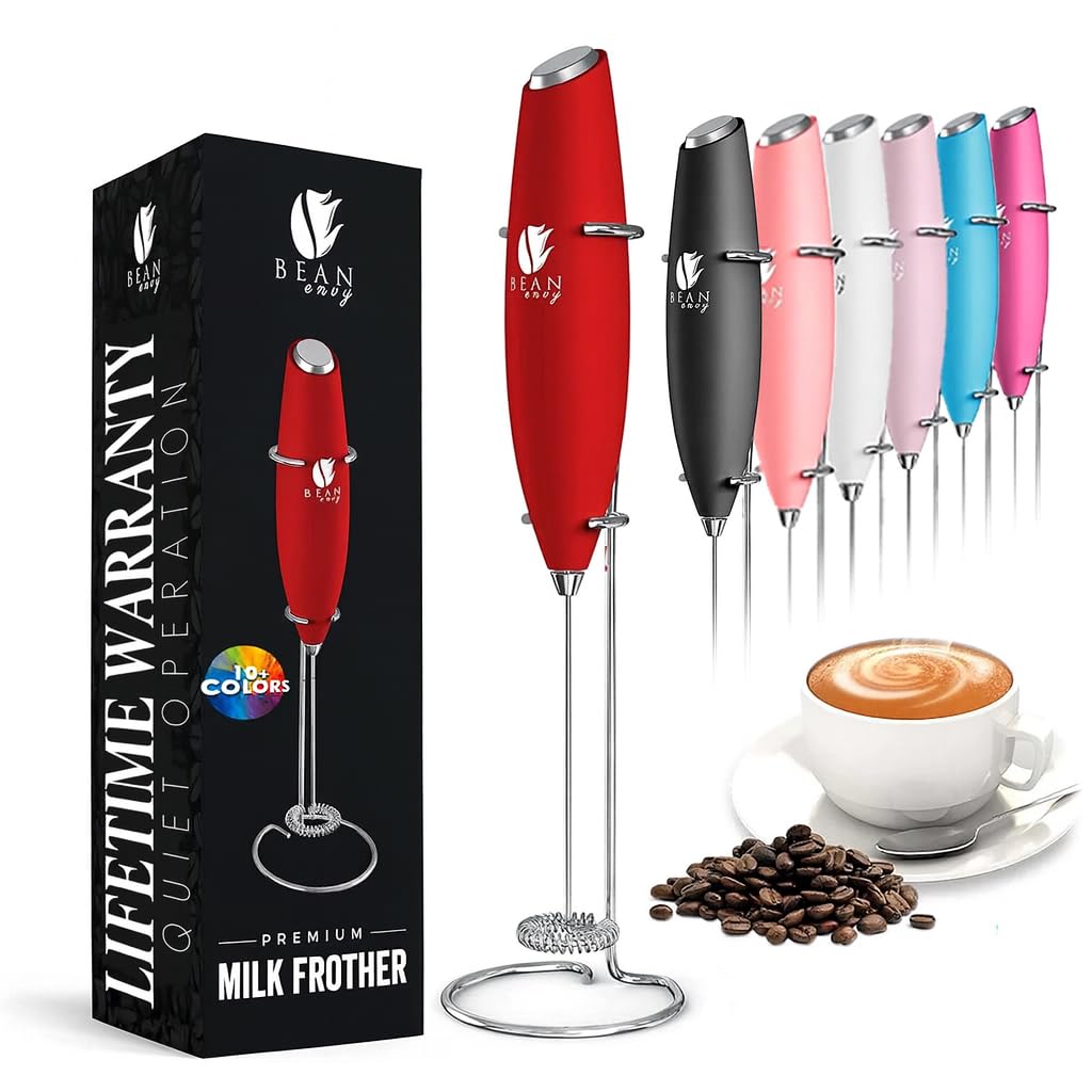 Bean Envy Milk Frother Handheld, Perfect For The Best Latte - Whip Foamer - Includes Stainless Steel Stand - Red