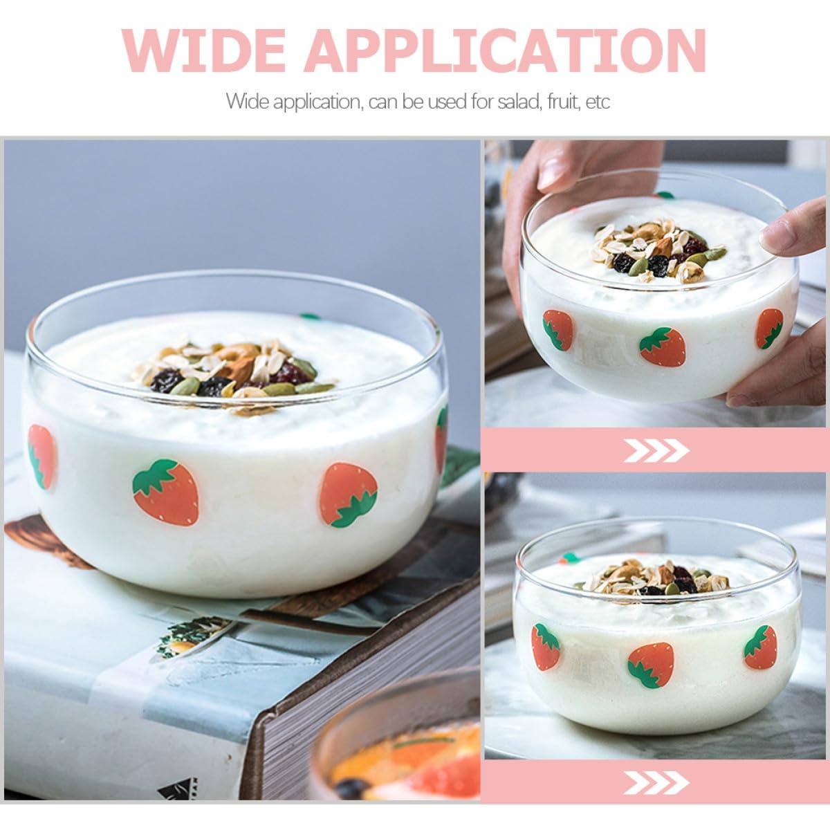 Cabilock 4 Piezas Cuencos de Vidrio con Diseño de Fresa para Ensaladas y Frutas Recipientes para Servir Postres Cocina Doméstica
