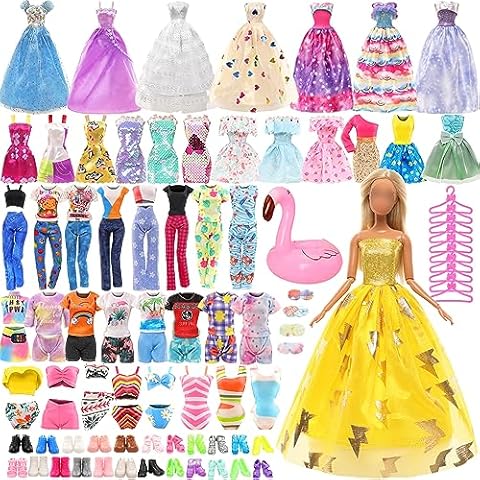 BARWA 41 Pack Doll Clothes and Accessories 15 Sets Doll Clothes 3 Wedding Long Dresses 3 Fashion Dresses 4 Tops Pants 2 Bikini Swimsuits 1 Pool Floaties 15 Shoes 10 Hangers for 11.5 inch Doll Cover