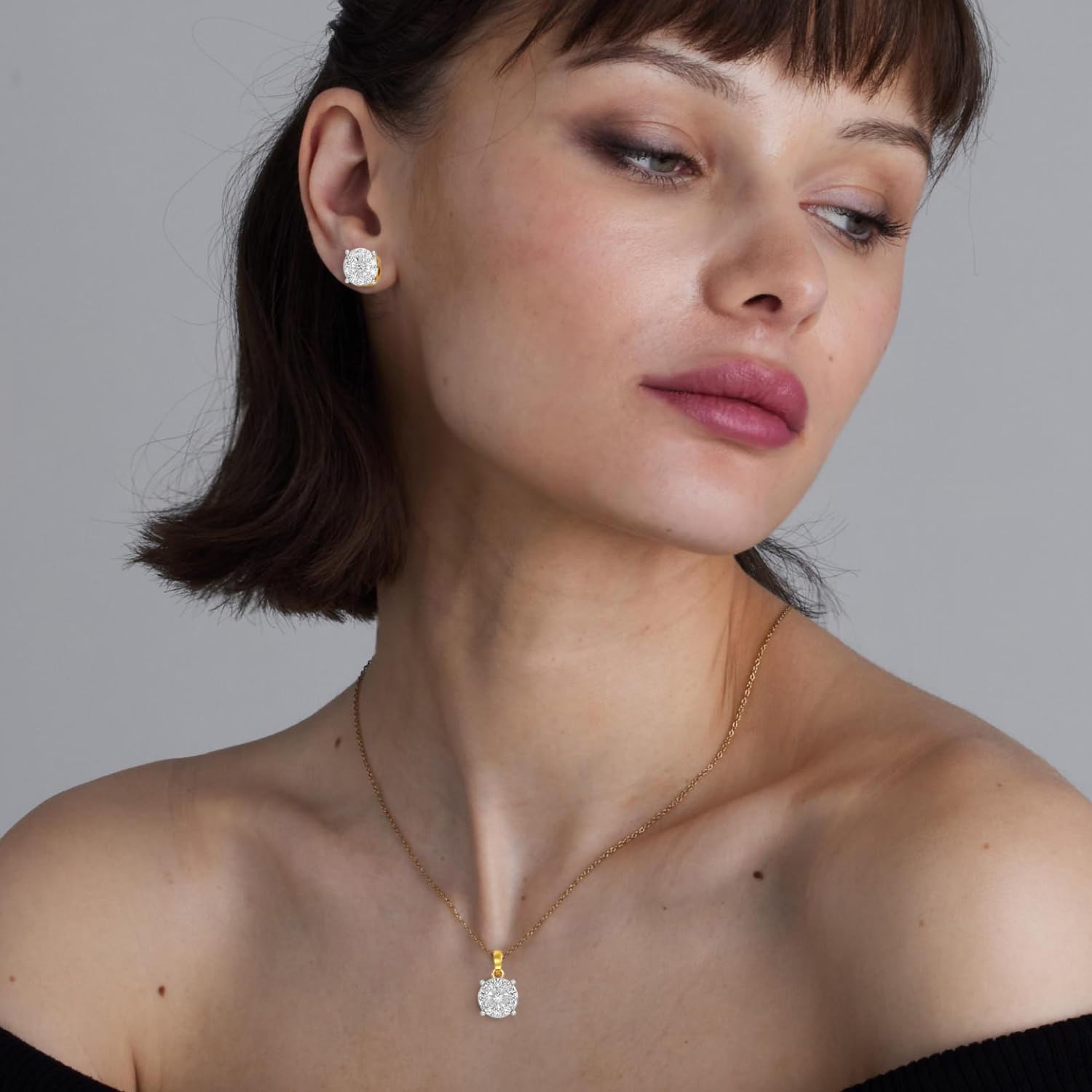 GILDED 1 CTTW Lab-Grown Diamond Round Necklace & Earring Set, Sterling Silver or 14K Gold-Plated, 18" Chain, Tarnish-Resistant, Elegant & Ethical Jewelry for Women, Gift-Boxed, Perfect for Gifting