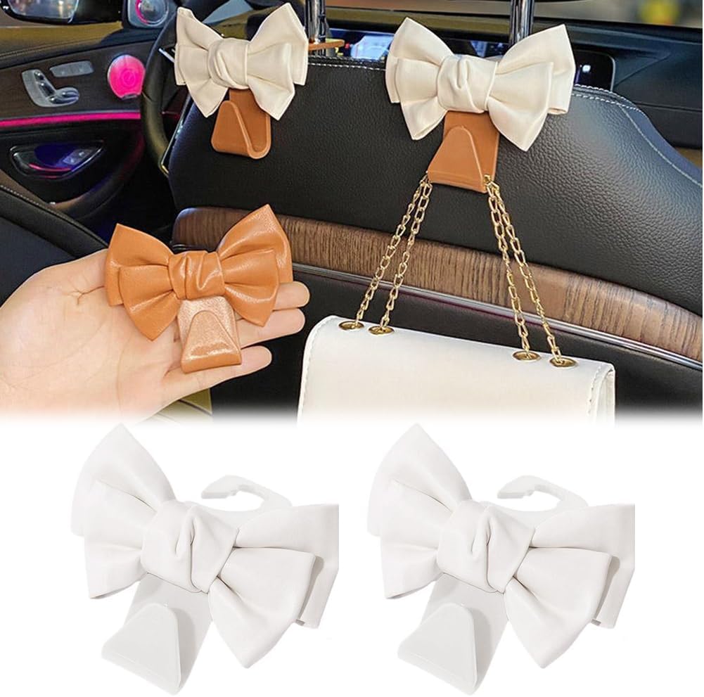 2-Pack Cute Bow Car Purse Hooks - Universal Headrest Hooks For Hanging Bags, Purses & Umbrellas In SUV, Sedan, Truck (Pink)