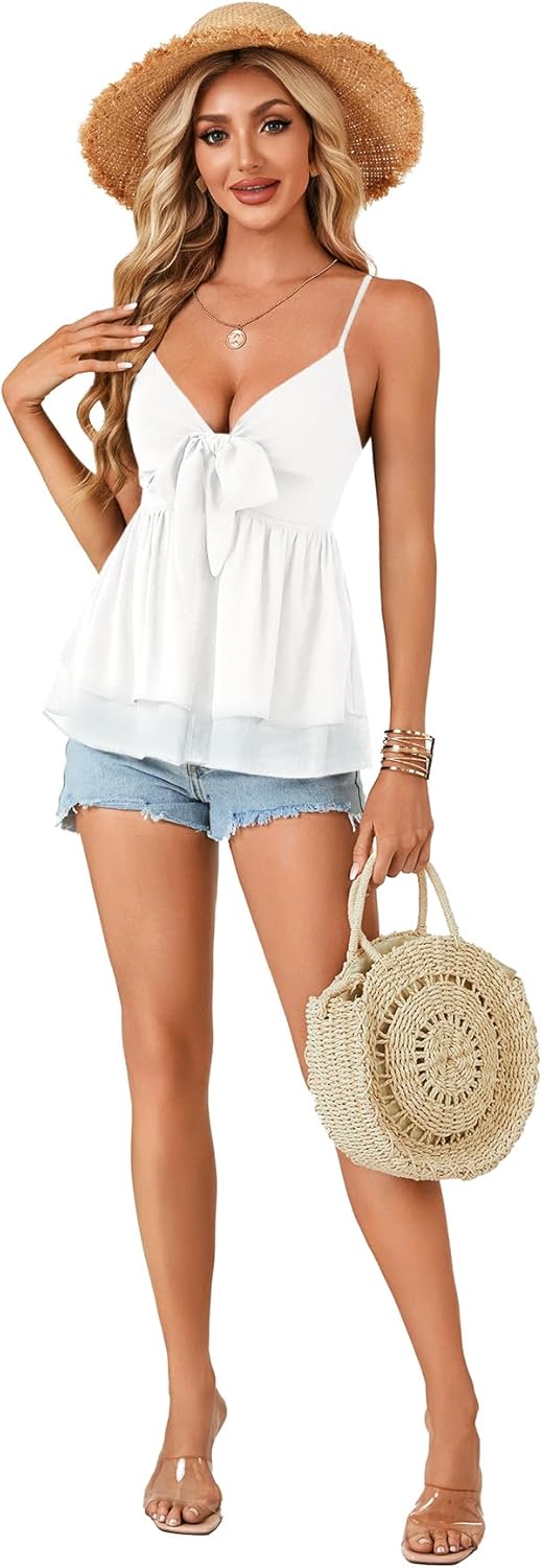 LYANER Women's Sexy Deep V Neck Spaghetti Strap Tie Front Sleeveless Peplum Cami Top - Image 6
