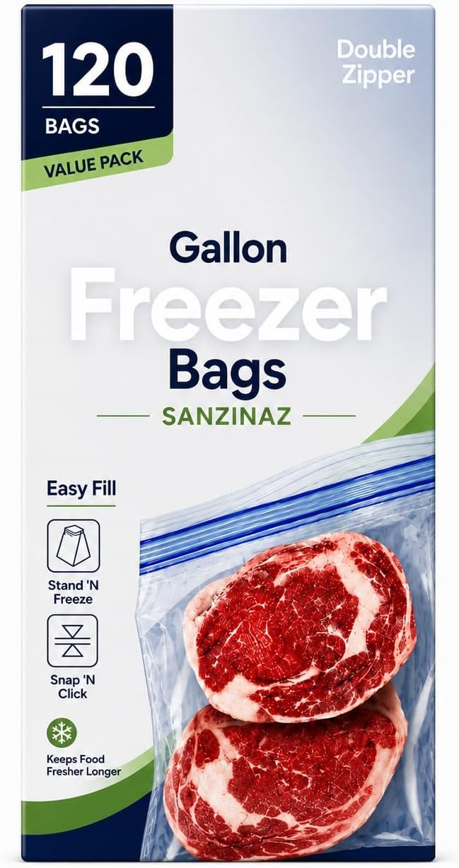 Gallon Freezer Bags with Double Zipper, 120 Count, Resealable Plastic Storage Bags for Meal Prep, Freezer Organization, Kitchen and Household Use