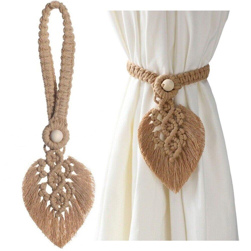 Muteitt 2 Pcs Curtain Tiebacks Handmade Curtain Holdbacks Curtain Tie Back Holder with Wooden Bead Woven Cotton Rope, Home Decoration Drapery Holdback