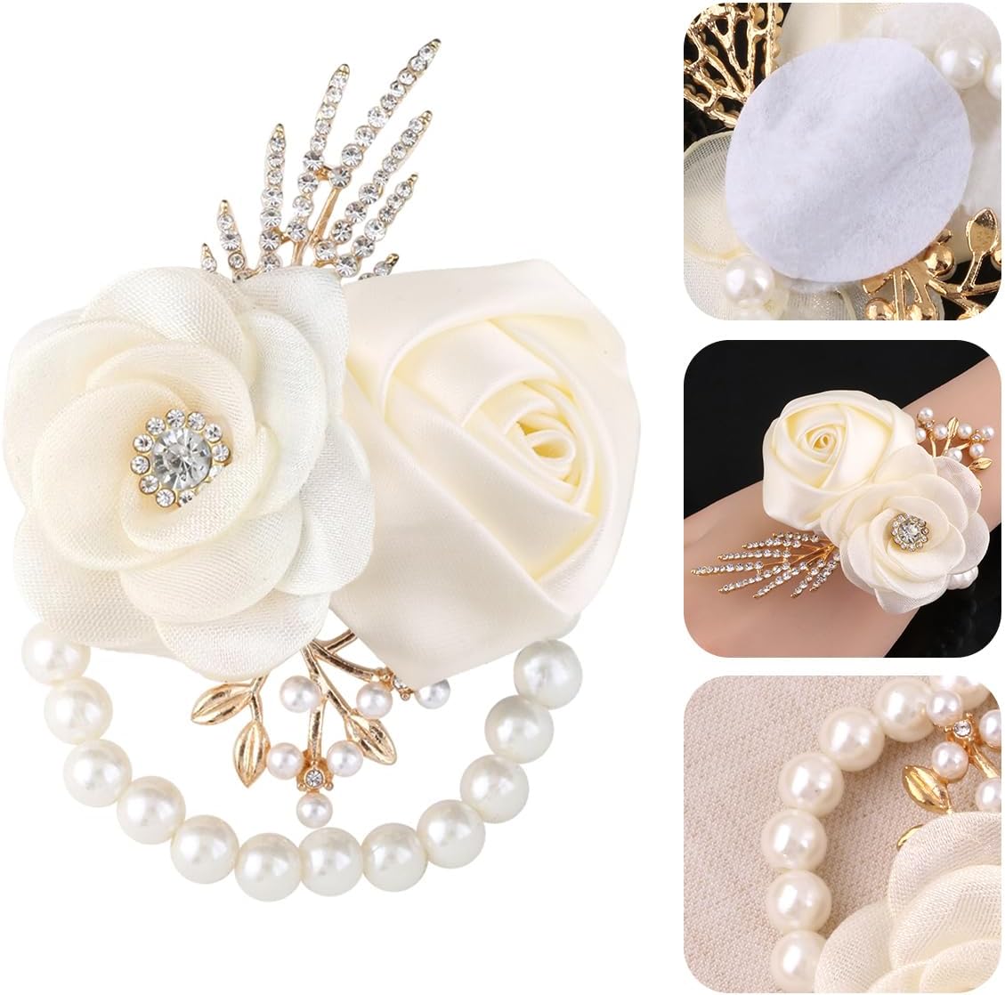 Bride Bridesmaids Rose Wrist Corsage Girls Ladies Accessories,Wrist Flower for Prom, Homecoming Dinner Parties, Weddings. (8, Ivory)